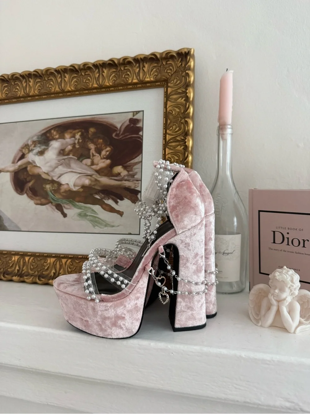 Crystal-Embellished Pink Velvet Platform Heels - Women